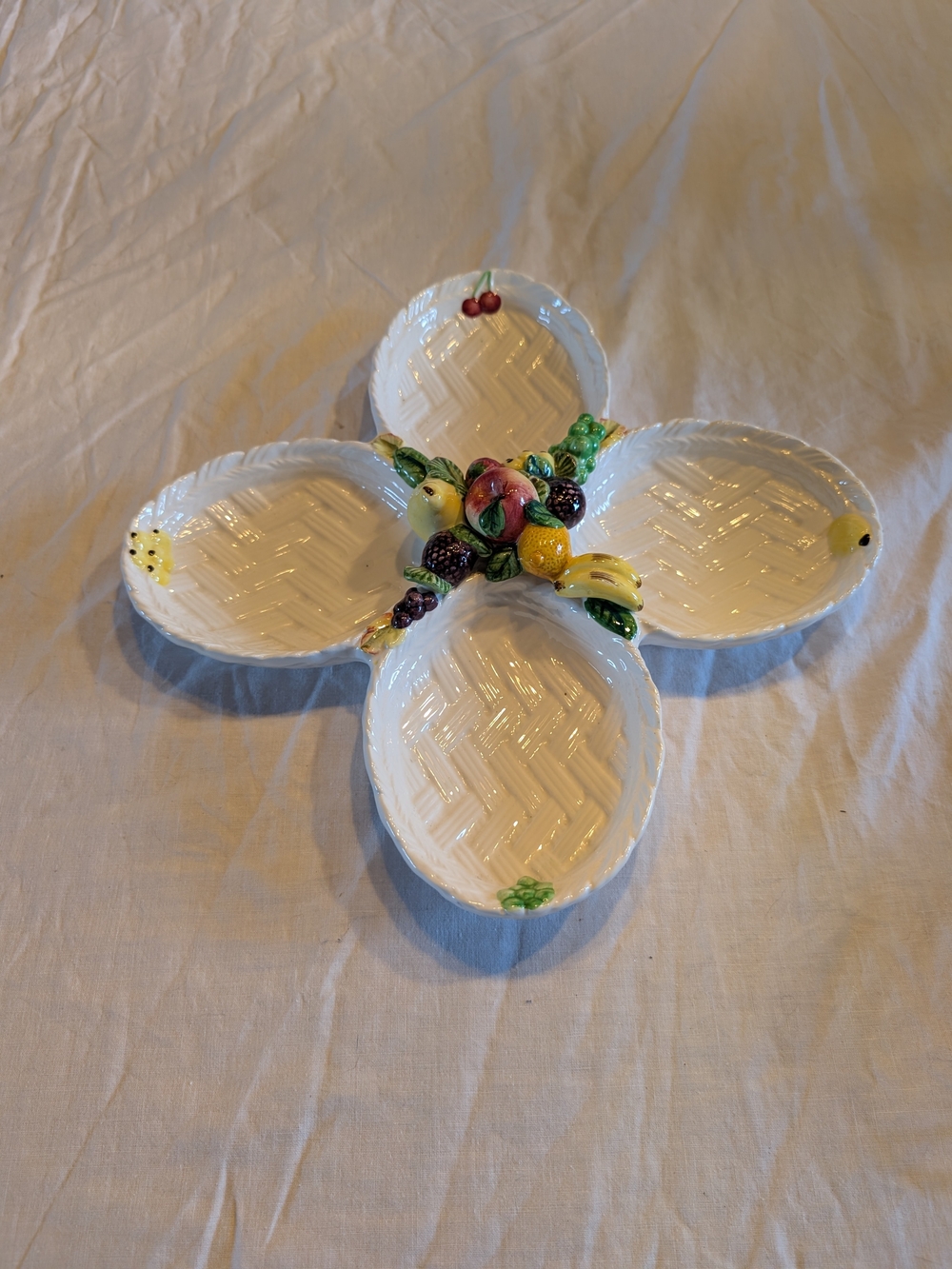 2/60$ Vintage White Ceramic Four-Section Serving Dish with Colorful Fruit Accent